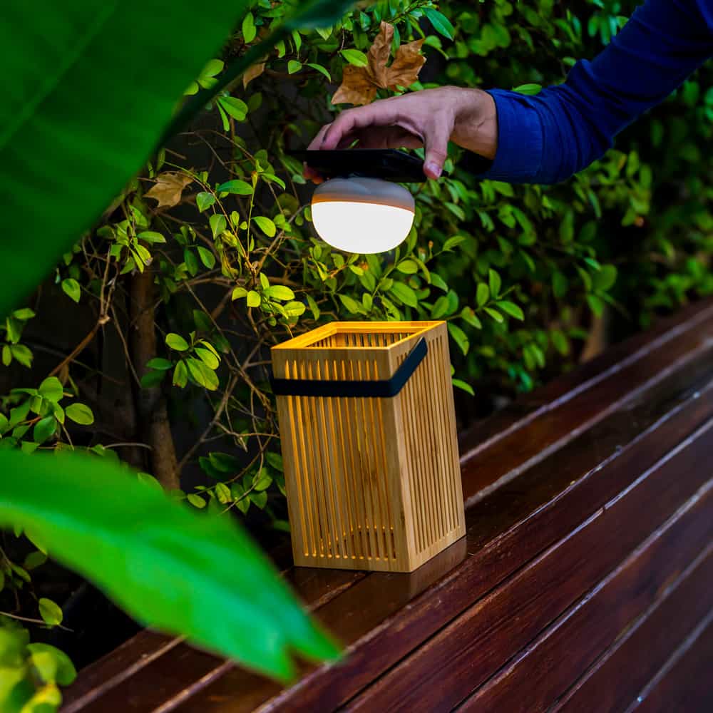 Okinawa Lantern by Newgarden: Handmade bamboo lamp with 900-lumen rechargeable Cherry bulb. Perfect for adding nature’s touch to your garden.