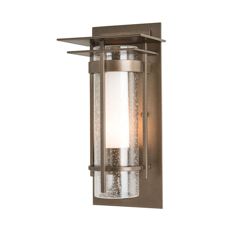 Banded Seeded Glass Small Outdoor Sconce with Top Plate