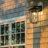 Erlenmeyer Large Outdoor sconce on wood siding wall, hubbardton forge