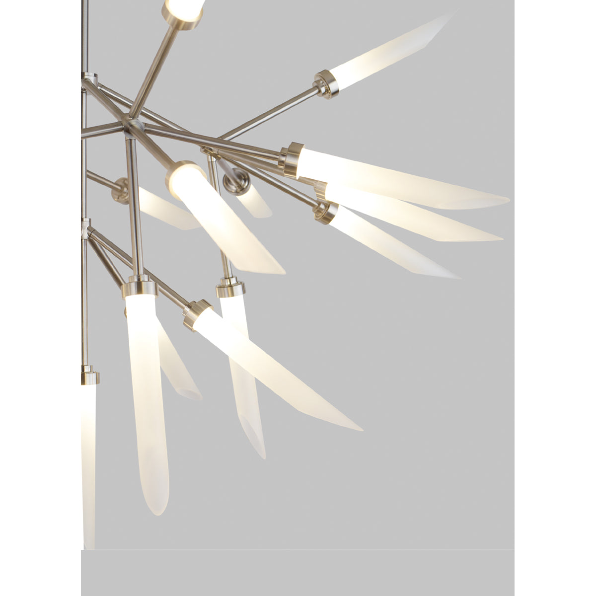 spur chandelier, details of frosted glass, aged brass finish, tech lighting