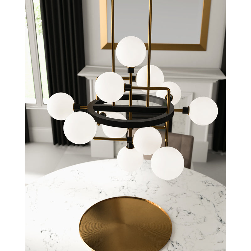top view of viaggio chandelier with opal glass globes in brass and black