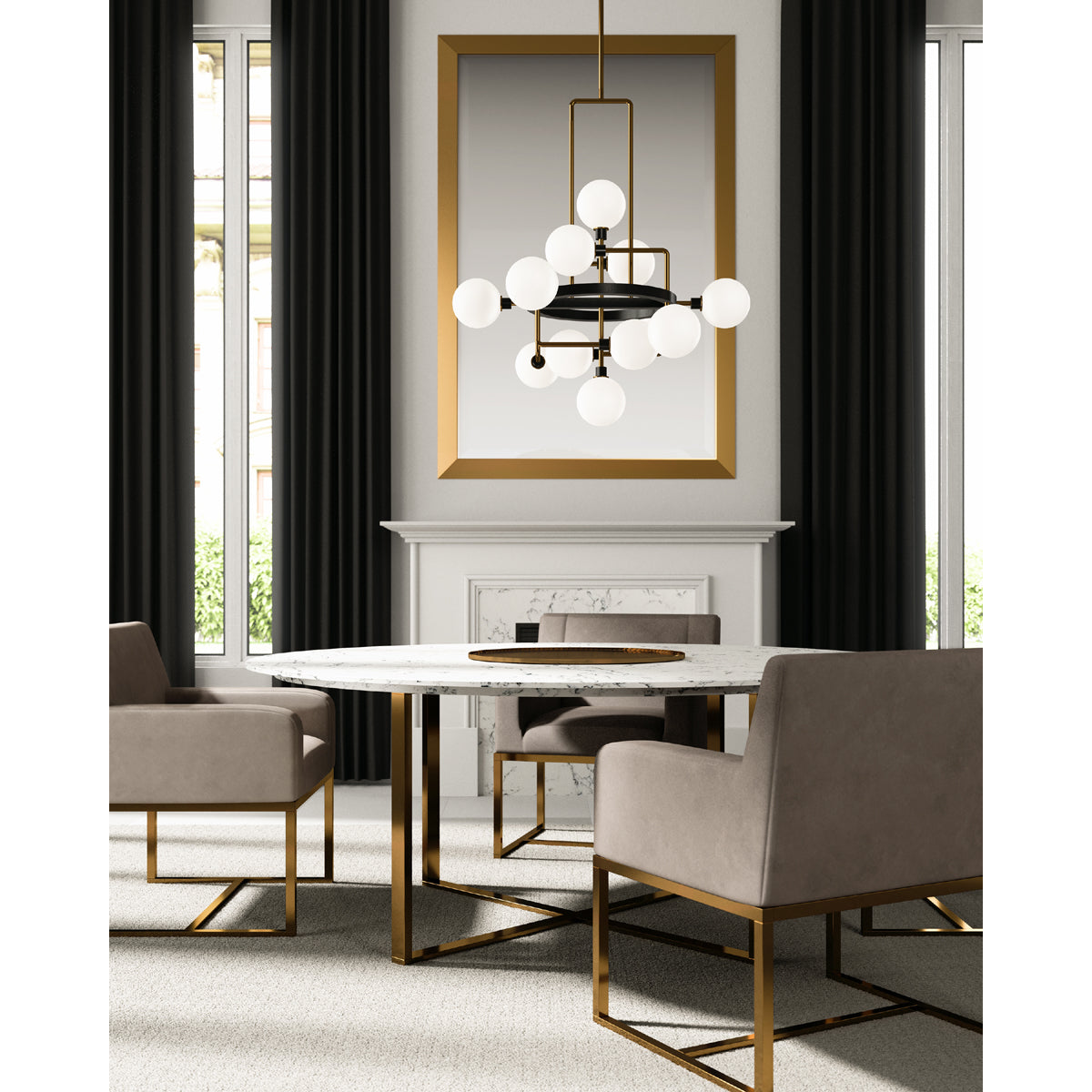 viaggio chandelier hanging over round marble dining table