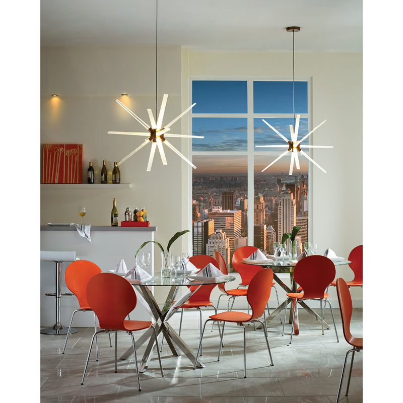 Photon LED pendants hanging over glass tables in small cafe
