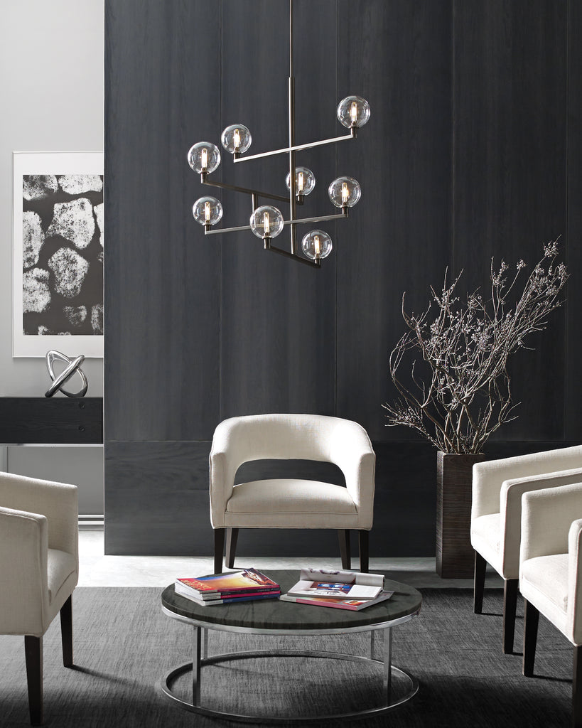 Gambit Chandelier in Satin Nickel Finish hanging in living space